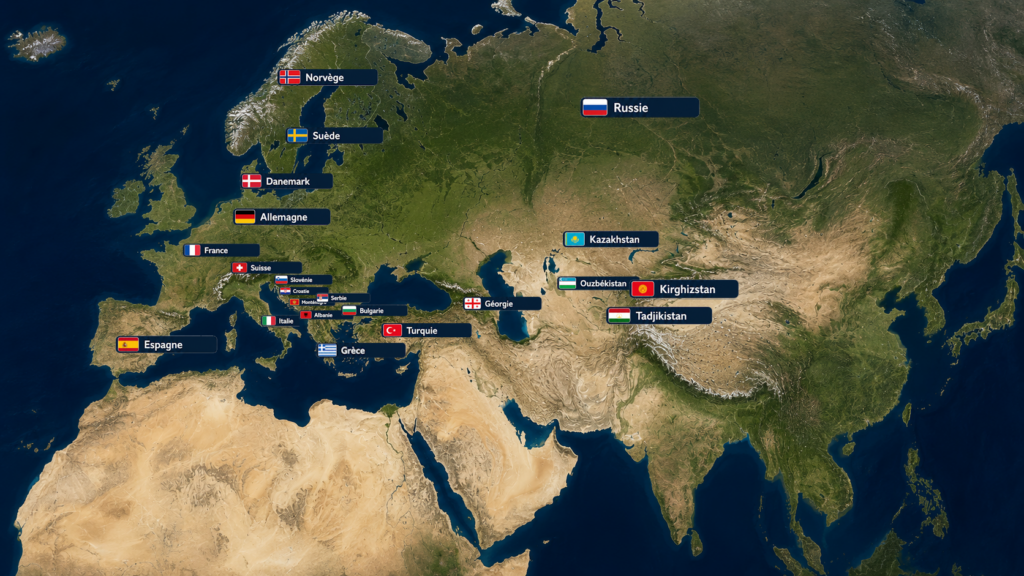 Carte satellite Europe et Asie avec pays étiquetés